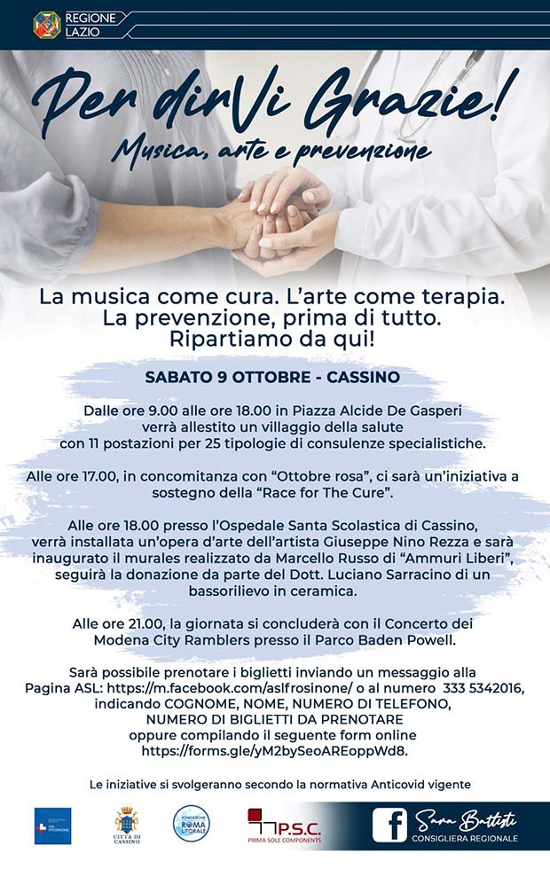 Cassino CASSINO – Sabato 9 Ottobre, evento “EVENTO “PER DIRVI GRAZIE” REGIONE LAZIO