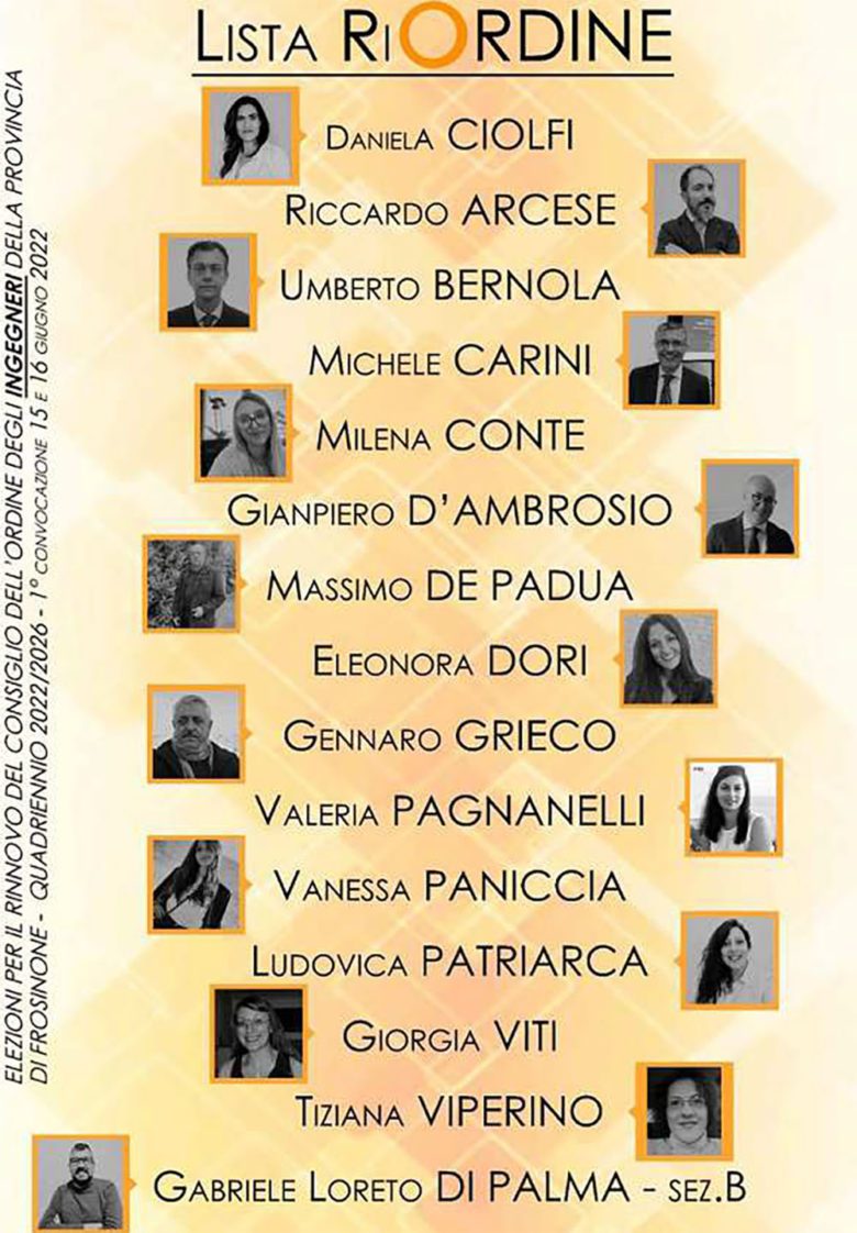 Frosinone Elezioni per il rinnovo del Consiglio degli Ingegneri della Provincia di Frosinone: la lista “Ri-Ordine”