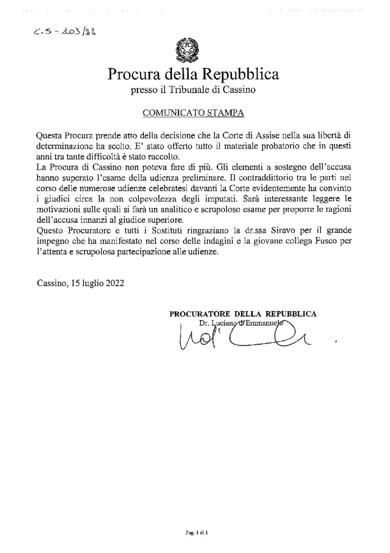 Cassino Procura della Repubblica di Cassino – Comunicato stampa Processo Serena Mollicone Procura della Repubblica di Cassino Comunicato stampa Serena Mollicone copia
