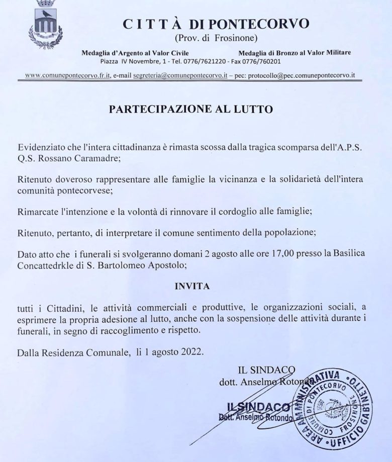 Pontecorvo Lutto cittadino a Pontecorvo per i funerali di Rossano Caramadre n