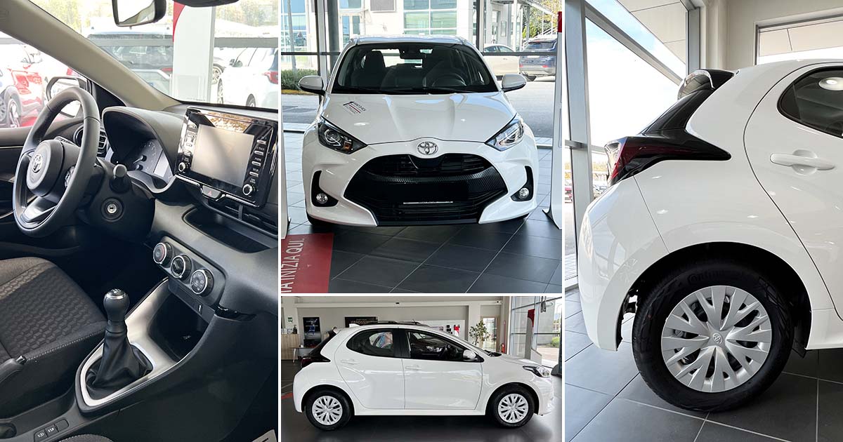 Toyota Toyota Yaris: fino al 31 Dicembre 2022 tua da 139 € al mese Toyota Yaris profilo frontale posteriore cerchi interni volante cambio cruscotto colore cofano firma luminosa anteriore posteriore