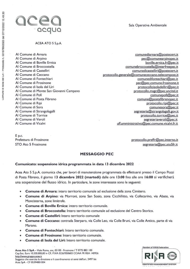 Frosinone Oggi alle 13 interruzione flusso idrico in 18 Comuni della provincia di Frosinone acea