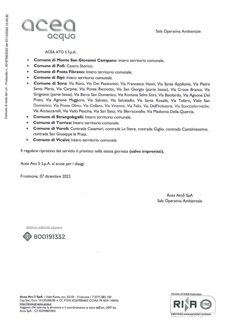 Frosinone Oggi alle 13 interruzione flusso idrico in 18 Comuni della provincia di Frosinone acea
