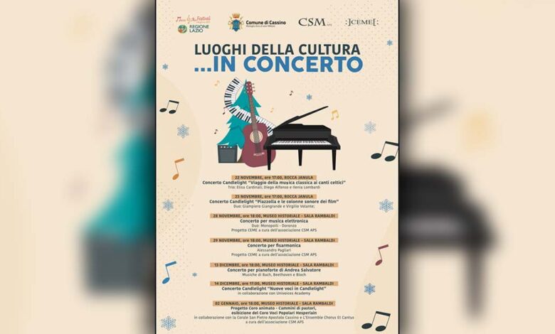 Locandina ufficiale dei concerti gratuiti “I luoghi della cultura in concerto” a Cassino