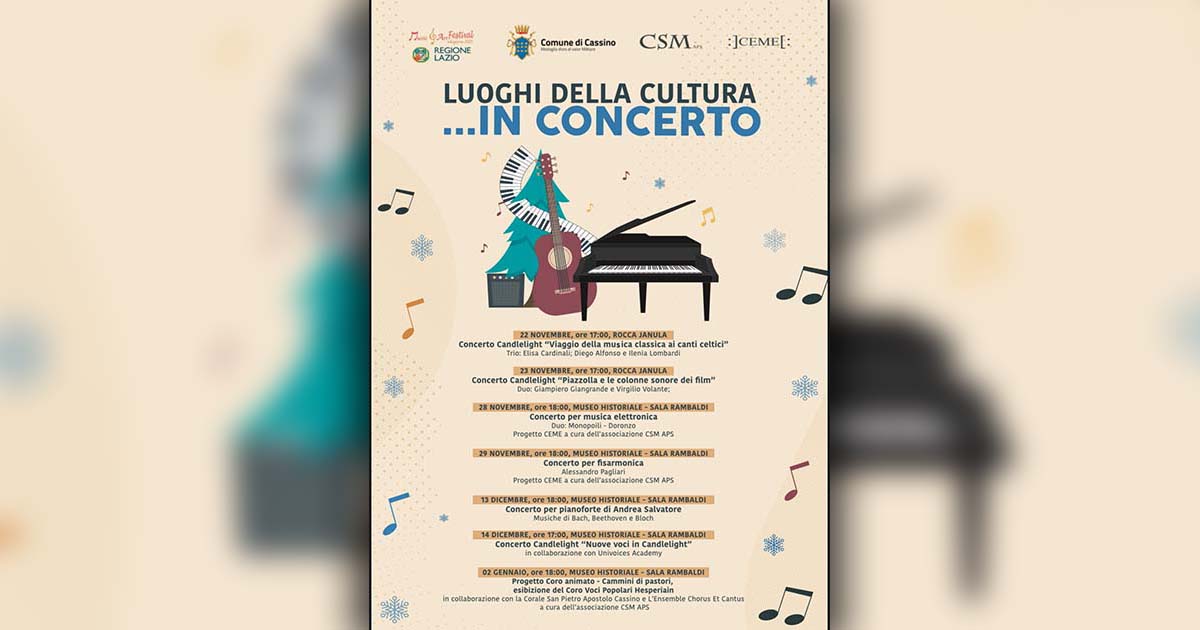 Locandina ufficiale dei concerti gratuiti “I luoghi della cultura in concerto” a Cassino