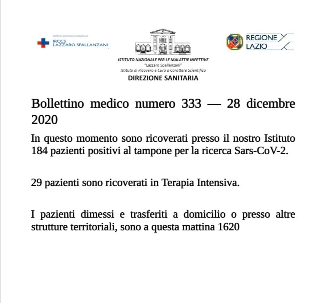Coronavirus: il bollettino diramato Lunedì 28 Dicembre 2020 dall’INMI Spallanzani di Roma Spallanzani Dicembre