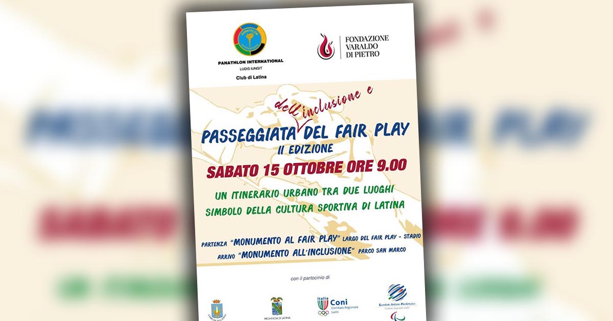 Latina: Panathlon Club e Fondazione Varaldo Di Pietro presentano la 2a “Passeggiata del Fair Play e dell’Inclusione”