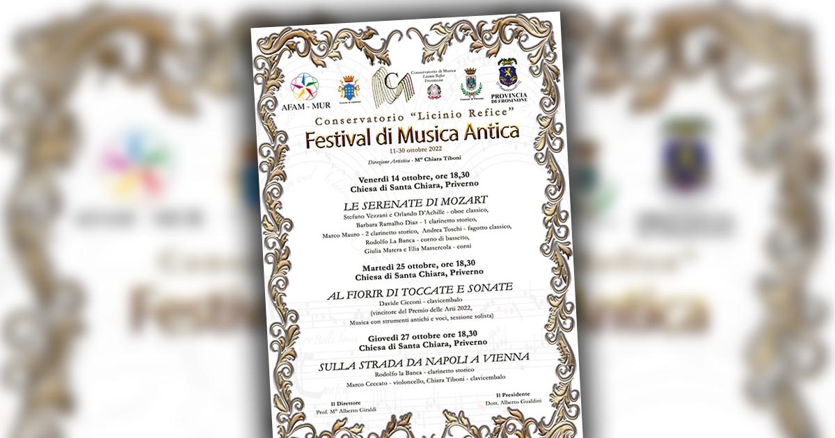 Frosinone Festival di Musica Antica: Priverno 14-25-27 Ottobre 2022, Auditorium Santa Chiara festival musica antica copia