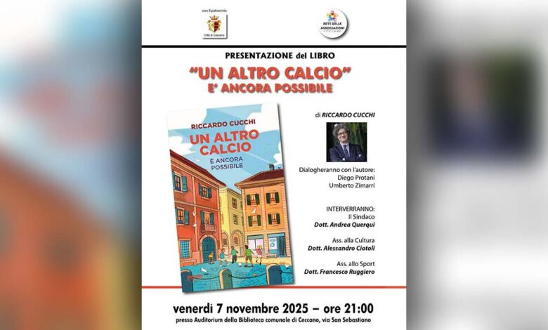Riccardo Cucchi nella copertina di presentazione del libro “Un altro calcio è ancora possibile” a Ceccano