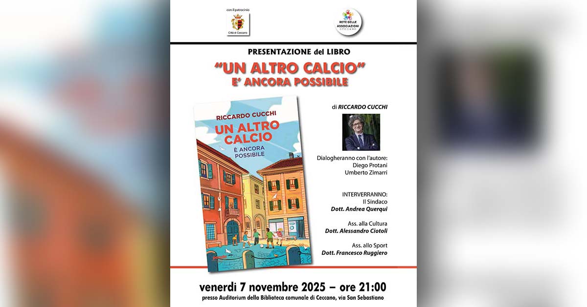 Riccardo Cucchi nella copertina di presentazione del libro “Un altro calcio è ancora possibile” a Ceccano